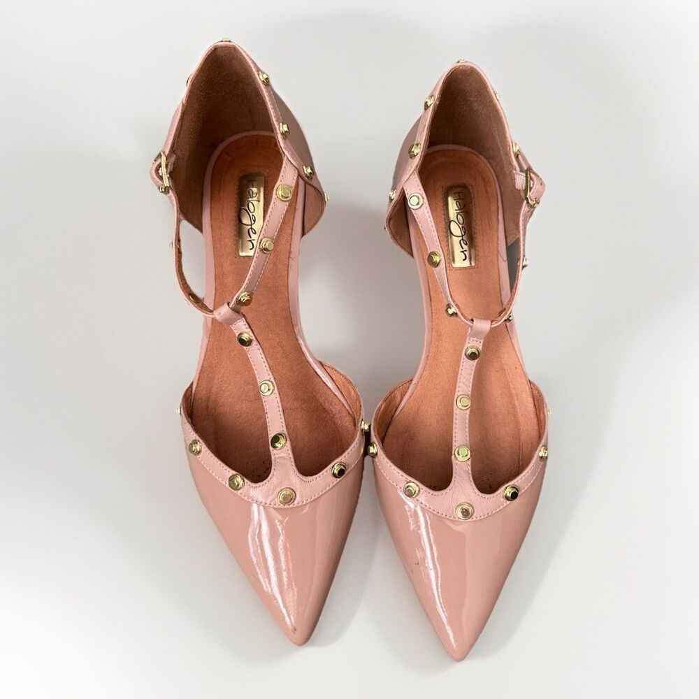 Halogen Nude Patent Leather Ballet Flats Womens 8.5  Gold Studded T-Strap